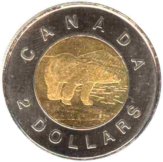 A Canadian 2 dollar coins featuring a polar bear