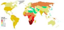 Prevalence of HIV among adults per country at the end of 2005 ██ 15–50% ██ 5–15% ██ 1–5% ██ 0.5–1.0% ██ 0.1–0.5% ██ <0.1% ██ no data 