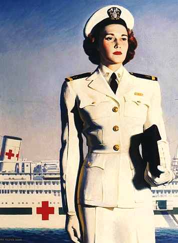 U.S. Navy recruiting poster from World War II, showing a Navy Nurse with a hospital ship