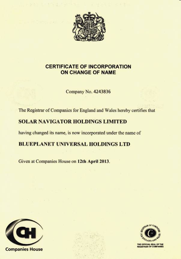 Certificate of Incorporation on Change of Name