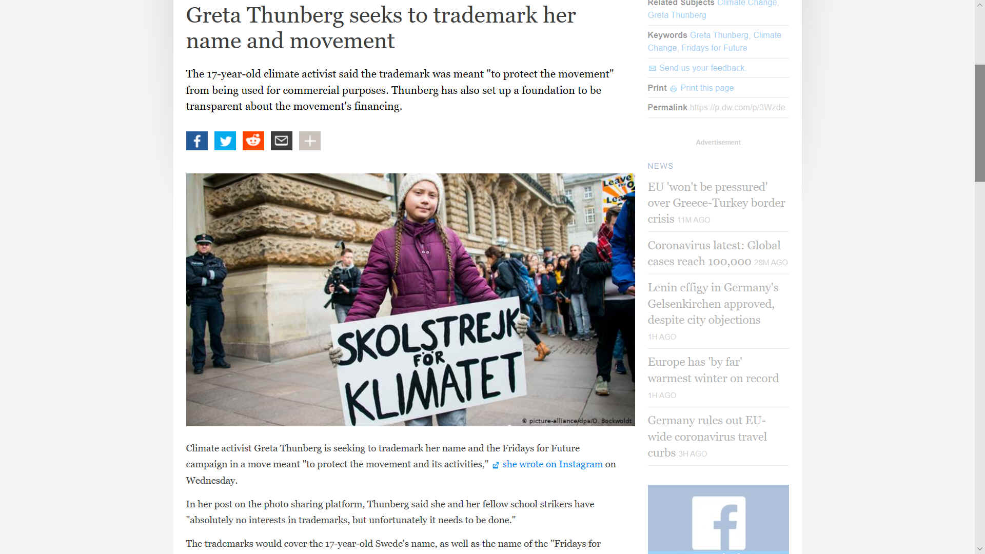 Greta Thunberg seeks trademark for Skolstrejk For Klimatet