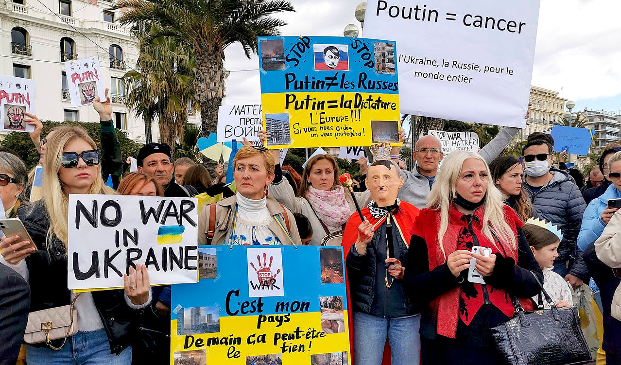 A protest rally in France, asking for an end to the war in Ukraine. Europe should prepare for the eventual moment when Russian is defeated in conventional warfare, resorting to pushing the red button. If you want to survive, build your own bomb shelter.