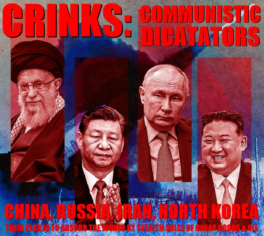 BOYCOT WORLD WAR THREE - Don't let the CRINKs take over the world. Stop and think. When looking for goods in the shops and online, be sure not to purchase any products that come from a fossil fueled dictator economy. Shop locally. Buy goods that are made in NATO or other democracies. Grow your own vegetables if you can. Don't drink Russian vodka, or soft drinks in plastic bottles - the raw materials come from China. Limit you tea intake, to leaves grown outside of China. Or better still, drink African and Columbian coffee instead. Use renewable electricity, and when it is available, switch to hydrogen or methanol for your car. Lithium for batteries comes from China, they have been buying up the world's raw materials. These nations do not have free elections, or freedom of speech. Should that change, with genuine human rights, and a climb down in military ambition. Then of course, we might welcome the next generations of CRINK politicians back into the fold on humanity.