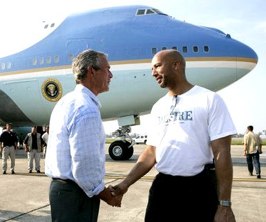 President Bush shakes hands with New Orleans Mayor Ray Nagin September 2 2005 after viewing the devastation of Hurricane Katrina