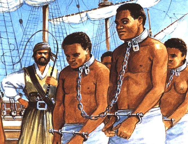 Painting of slaves in chains being loaded onto a slave ship