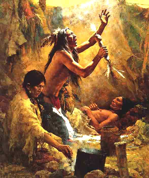 Oil painting of an American Indian medicine man
