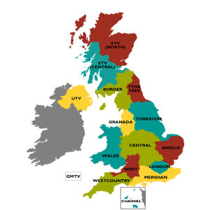 Map of ITV regions showing current franchise holders. Most regional names are no longer used.