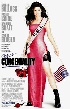 Miss Congeniality Sandra Bullock in red dress and roses