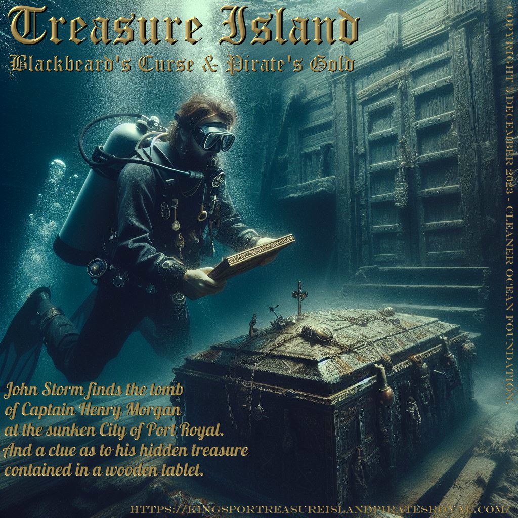 PLOT SUMMARY: At the request of Blue Shield ( UNESCO), John Storm surveys the sunken Caribbean city of Port Royal, Jamaica, with the Elizabeth Swann, in his capacity as marine archaeologist, following a worrying earth tremor, when he discovers the resting place of former buccaneer Sir Henry Morgan who passed in 1688. This news reaches England (BBC Jill Bird - world service) where Lord Huntington believes that the engraving John Storm has found puts them on a parallel course, where the ocean adventurer could help unravel a parchment his family have been guarding since Blackbeard's death in 1718, 300 years earlier. In London, Lord Huntington, of the British Geographical Society (BGS), learns of this, and realizes the find could help him decode a parchment handed down through generations of his family, as a map, that once belonged to Blackbeard, telling the whereabouts of the buried treasure that remained undiscovered on Skeleton Island; thought to be an unmarked island. Commander James Maynard RN, & the BGS fund Operation Hispaniola, doomed to failure, but Storm is persuaded by Huntington to assist further, then reveals his map, taking them to Santa Catalina & Isla Providencia, unfortunately ravaged by Hurricane Iota, where mutineer John Long kidnaps Cleopatra and Dan Hawk, and Maynard joins forces with the Spanish Navy to capture the Elizabeth Swann, along with the Aztec Gold and Skull. John Storm finds Morgan's treasure and secures a salvage deal with Panama and Mexico, evading a blockade by British and Spanish warships, and retaking the Swann. Maynard is then charged with misconduct and absconds, while the pirates sail into the Bermuda Triangle, not to be seen again.