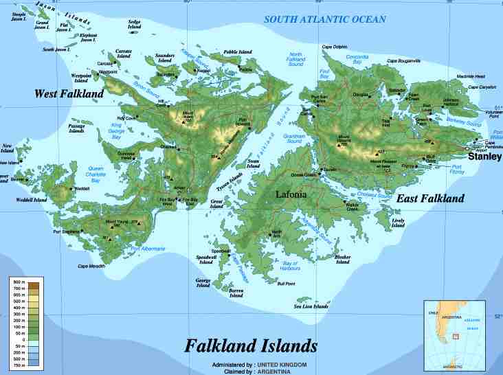 Map of the Falkland Islands topographic
