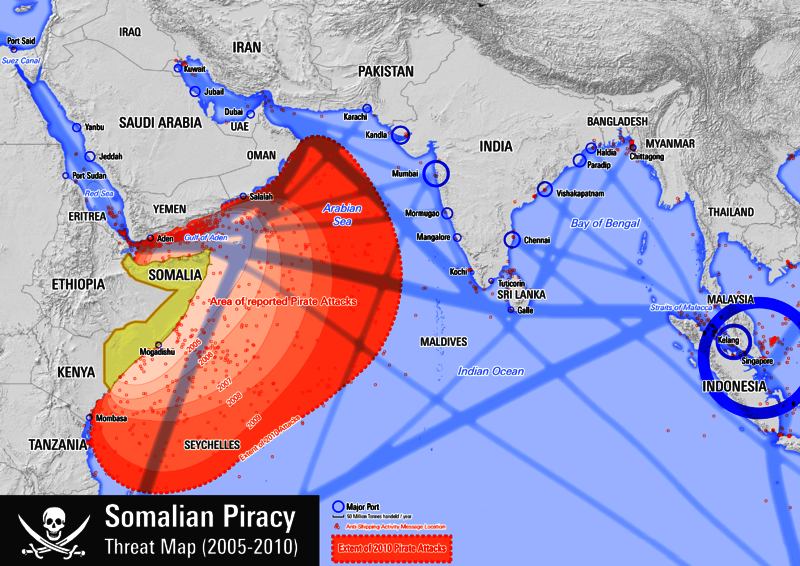 Map of Indian Ocean, Maldives and Seychelles, showing pirate attacks