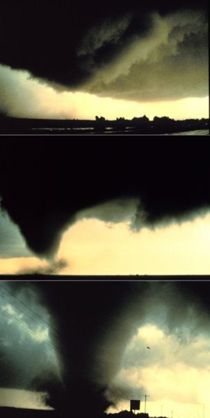 Sequence of images showing the birth of a tornado, Dimmit, Texas