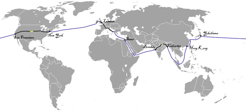 Map of the 80 day World trip Phileas Fogg, Jules Verne