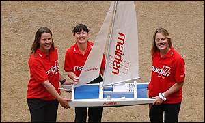 Tracy Edwards and crew with model catamaran