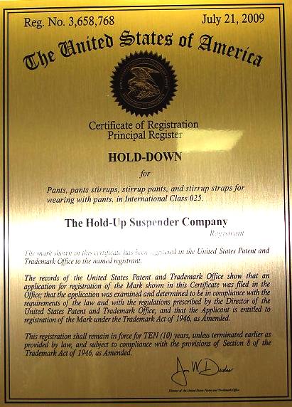 Hold-Down, trademark certificate US 2009 3,658,768