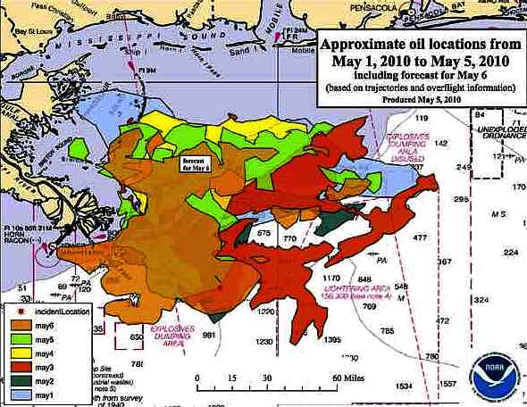 Map of the Gulf of Mexico and oil spillage from Deepwater Horizon