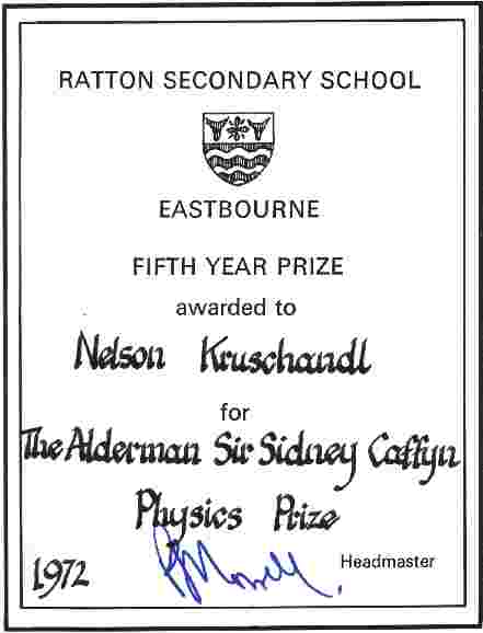 Physics prize certificate Ratton Secondary School, Eastbourne, Nelson Kruschandl