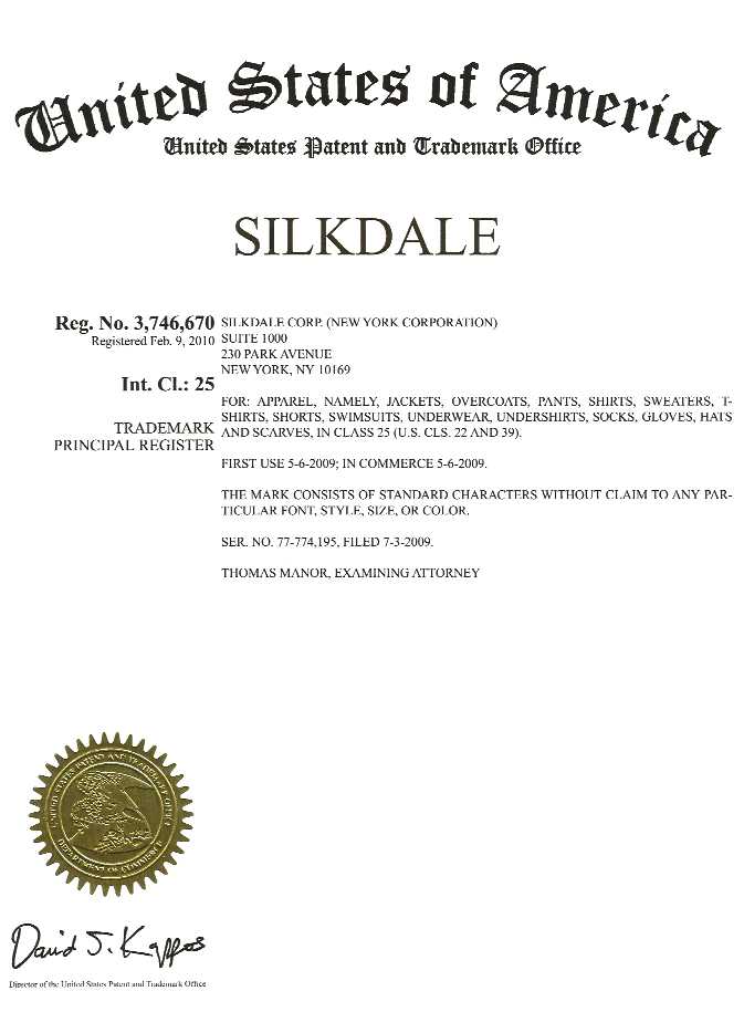 Silkdale in Class 25, USA trademark certificate