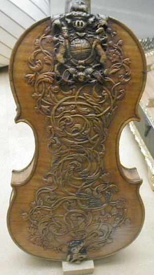 Intricately carved 17th century (c. 1665) so called 'King James' by Ralph Agutter, British Royal Family violin, on display in the Victoria and Albert Museum in London