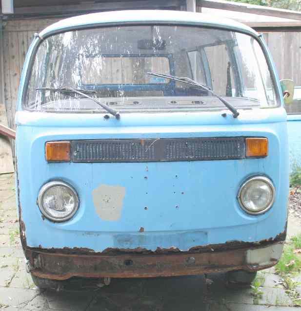 VW camper van tour bus front rusty mess