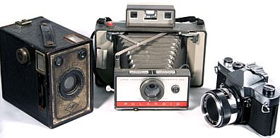 Cameras: An Agfa Brownie, Polaroid Land Camera, and Yashica 35 mm SLR
