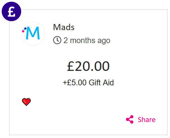 Mads gave £20 to Jill Finn's race for life