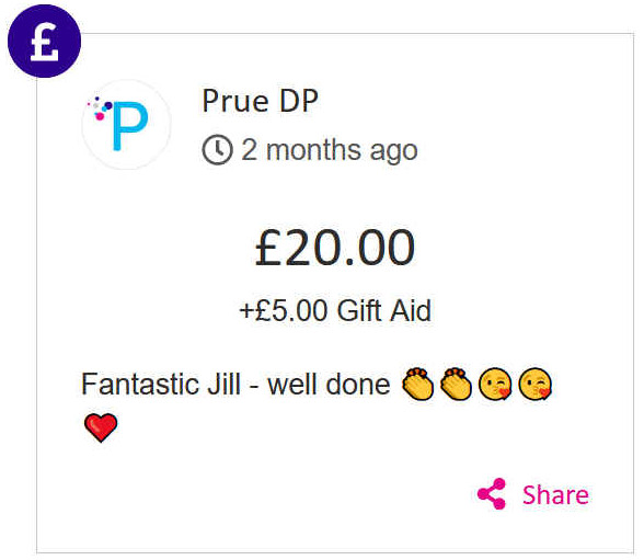 Prue D P gave £20 to Jill Finn's race for life