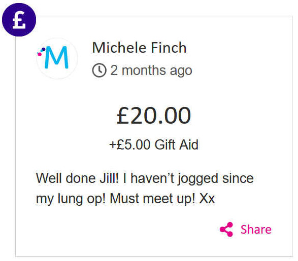 Michelle Finch gave £20 to Jill Finn's race for life