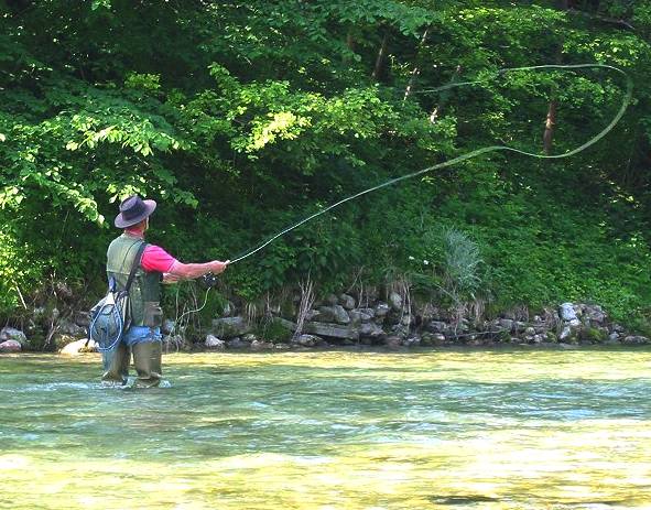 Fly fishing on a river, casting