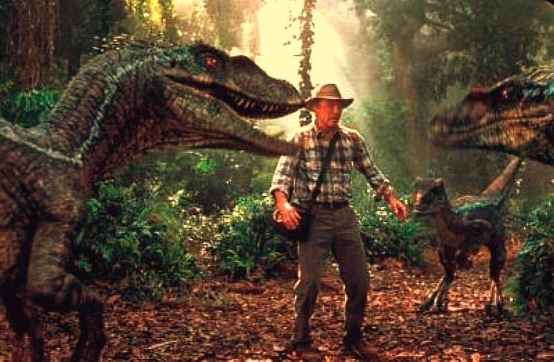 Jurassic Park movie, Sam Neil and velocirapter dinosaurs