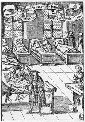 A physician visiting the sick in a hospital. German engraving from 1682.