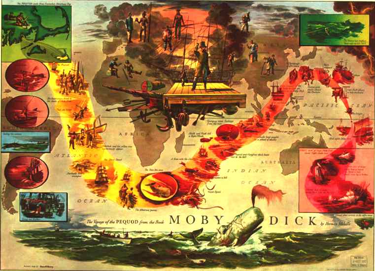 Map of the world montage voyage of the Pequad in Moby Dick