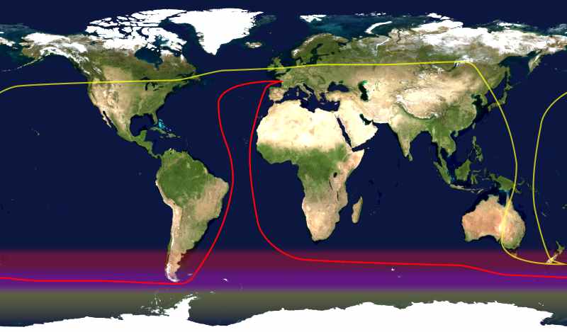 Route of a typical yacht racing circumnavigation shown in red; its antipodes in yellow