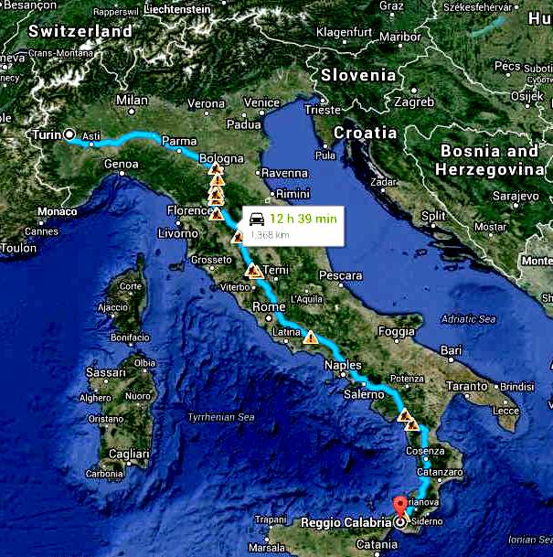 Route map of the Italian Cannonball Run inland road trip