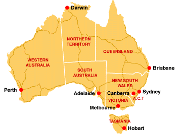 Australia map of territories, Perth, Darwin, Adelaide, Melbourne, Sydney, Brisbane
