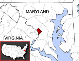 Location of Washington, D.C., with regard to the surrounding states of Maryland and Virginia.