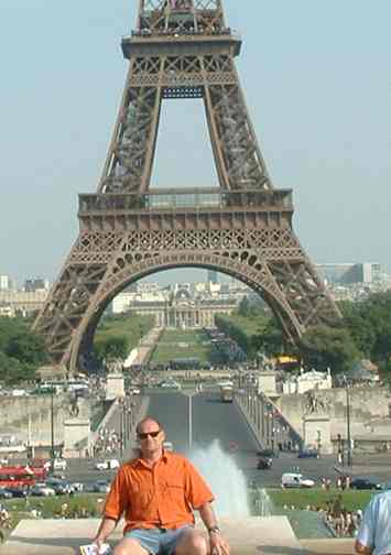 Nelson Kay in front of the Eiffel Tower in Paris, France during the heat wave in August 2003.
