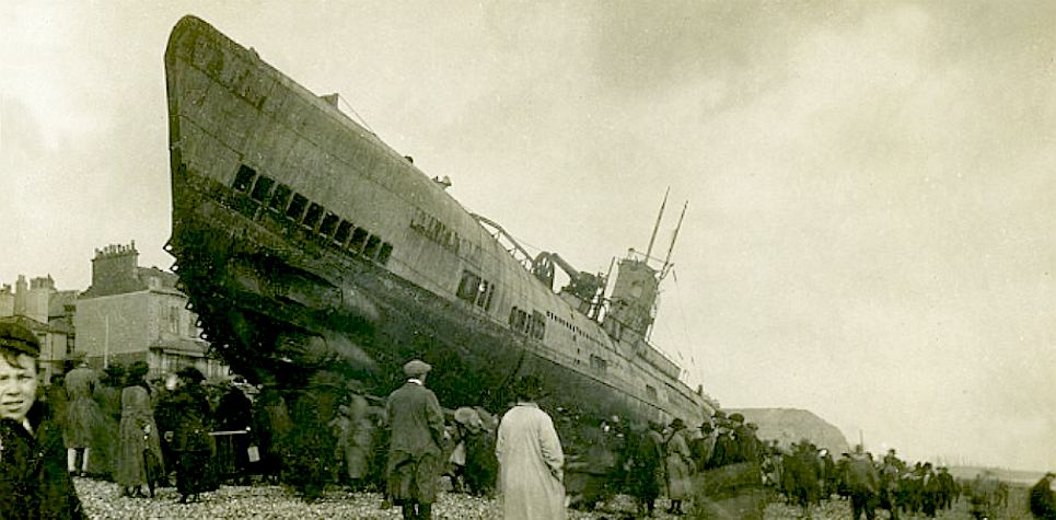 German U-Boat 118 washed up on the beach at Hastings in World War One
