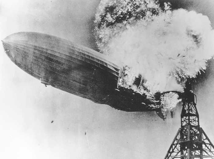 The German zeppelin Hindenburg moments after catching fire