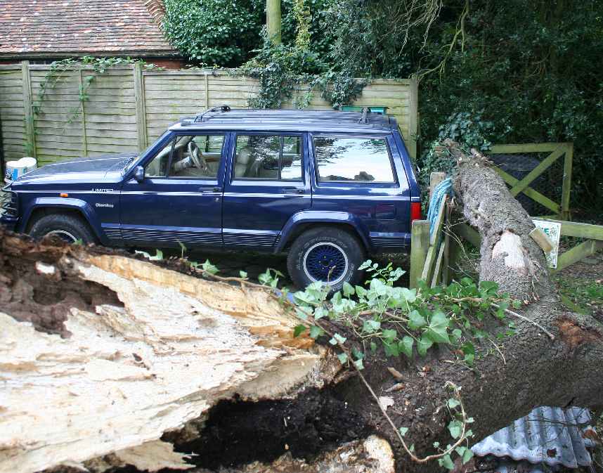 Fallen oak tree Herstmonceux Sussex close shave 24 August 2007 Steam House