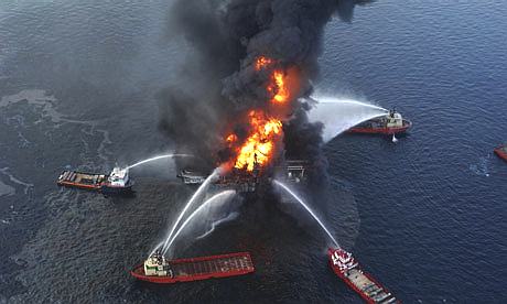Aerial view of BP's oil rig Deepwater Horizon burning