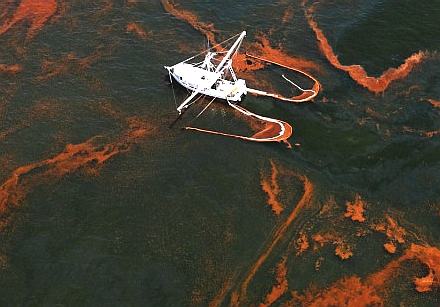 Shrimp boat collecting oil spilt from the Deepwater Horizon