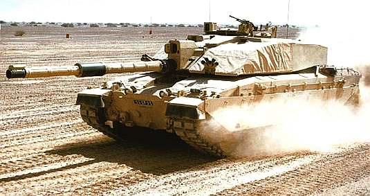 Challenger II main battle tank at speed, British Army