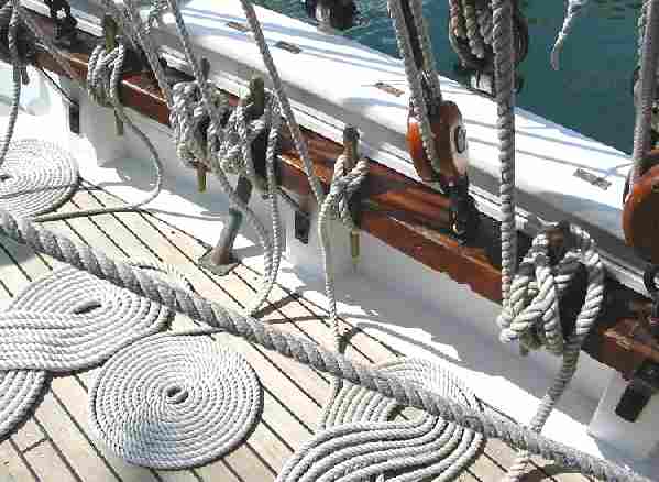 Cordage aboard the French training ship Mutin, coiled ropes