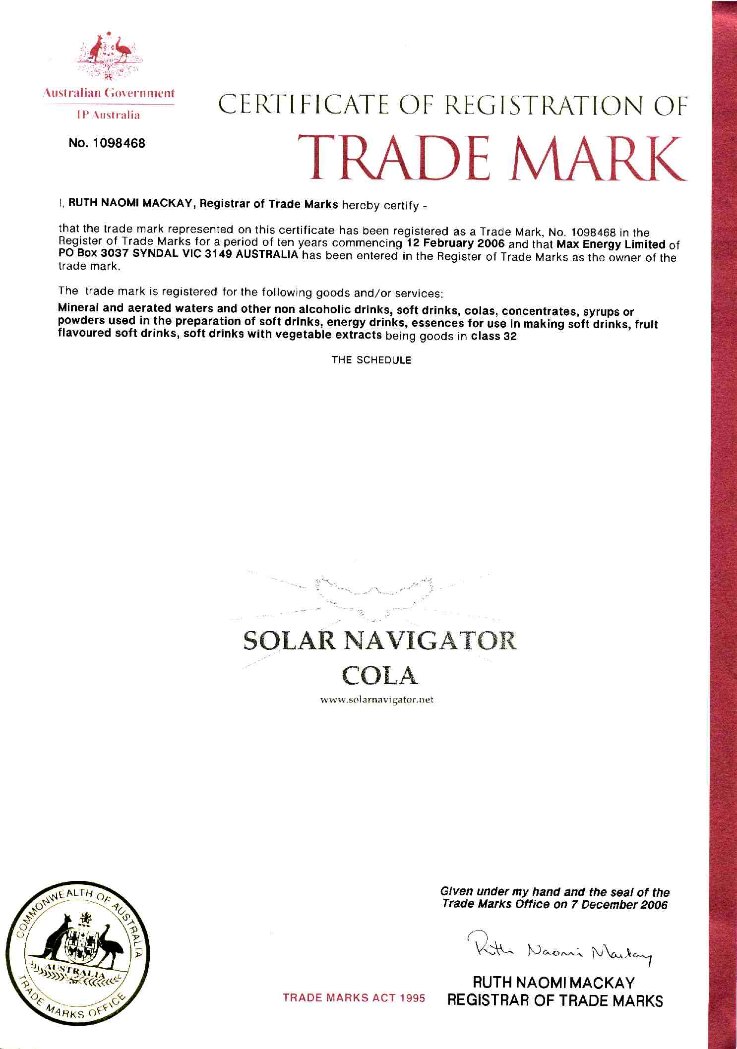 Australian Trade Mark Certificate Solar Navigator cola spice