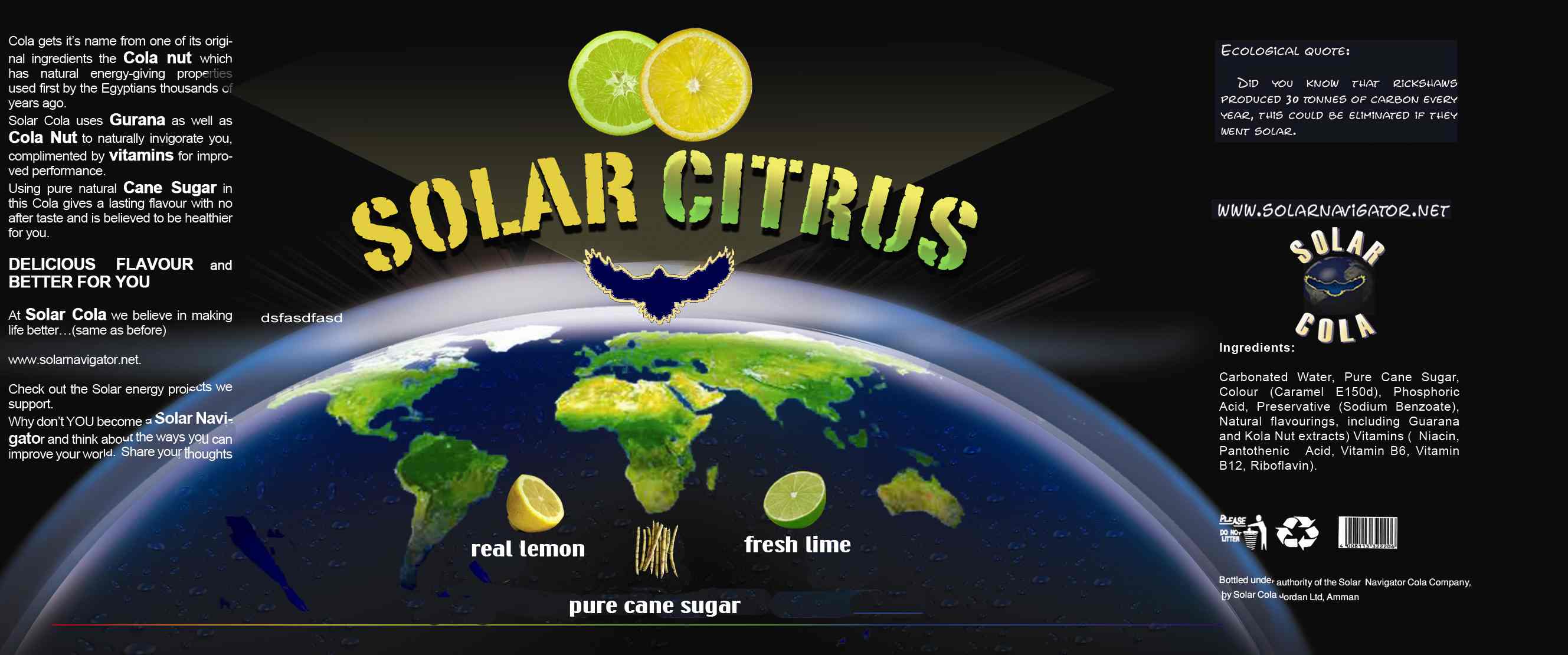 Solar Citrus 330ml can label, natural lemon and lime flavour drink with pure cane sugar