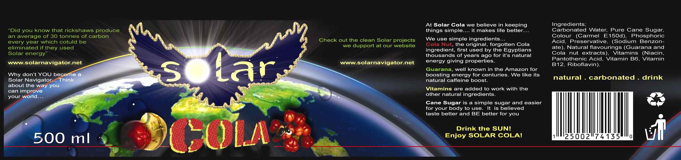 Solar Cola blue planet earth label sample for a 500ml PET bottle