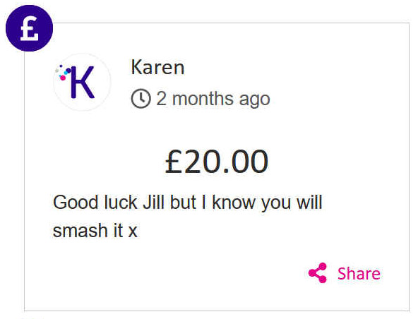 Karen gave £20 to Jill Finn's race for life